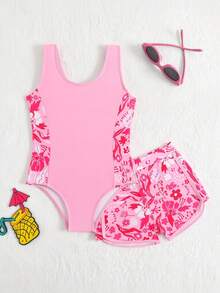 SHEIN Baju Renang Terusan dan Celana Pendek Motif Bunga untuk Anak Perempuan, Cocok untuk Liburan Pantai, Pesta Kolam Renang, dan Pesta Pantai. - Baby Pink - View 6