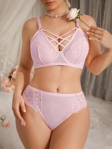 DelicateAllure 2pcs Full Cup Bra Set, Plus Size, Romantic Minimalist Lace Patchwork, Criss-Cross Strap, Comfortable Daily Wear - Pink - View 4