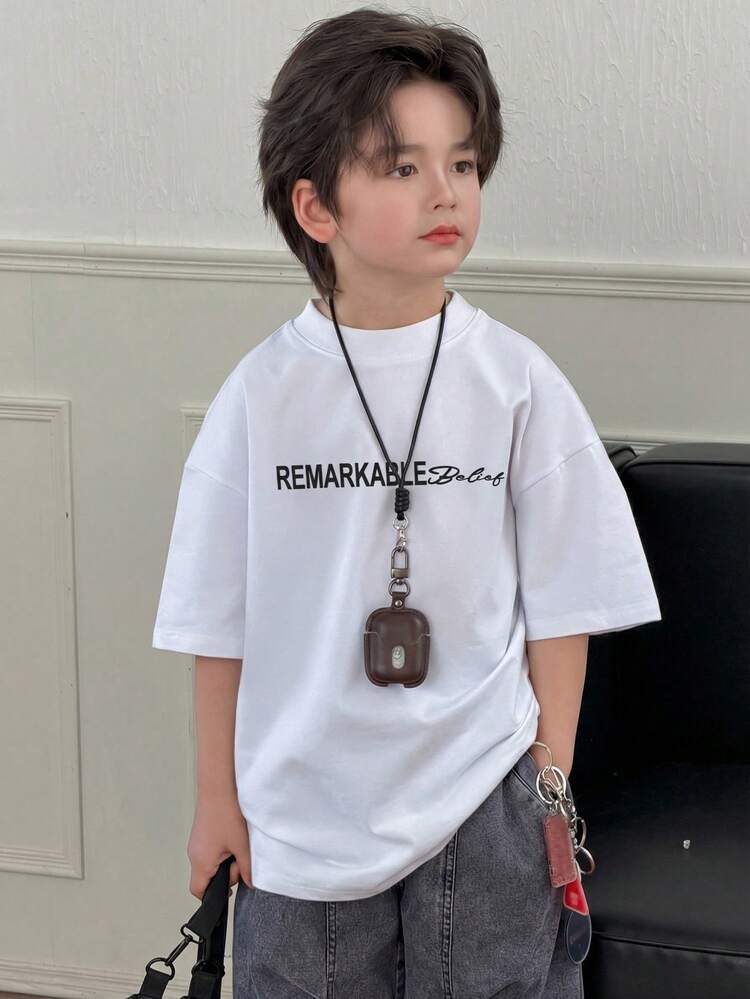 Tween Boy Round Neck Letter Print Casual Versatile Daily Wear Short Sleeve T-Shirt Summer