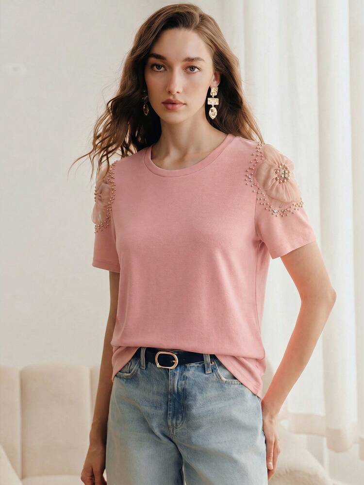 Solid Color Round Neck Beaded Mesh Hollow Shoulder Design Short Sleeve Fitted Women T-Shirt