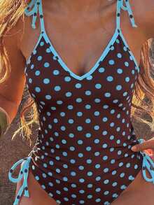 Bonvoyette Swim Mod-D 女款春夏波點隨機印花細肩帶綁帶式連身泳衣 - 彩色 - 查看 3