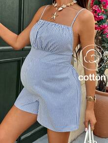 SHEIN Bộ áo liền quần bà bầu kẻ sọc thời trang gợi cảm - Xanh và trắng - Xem 1