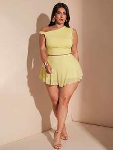 SHEIN BAE Set de 2 piezas para mujer de talla grande con top asimétrico con cuello verde oliva y volantes, y falda ajustada con volantes, conjunto para vacaciones - Amarillo claro - Ver 4