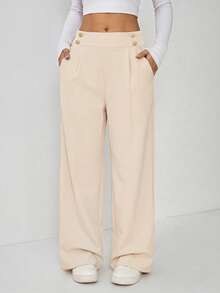 SHEIN EZwear Summer Elegant Casual Metal Double Button Straight Leg Office Pants, Beige, Plus Size - Beige - View 4