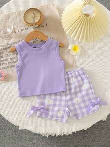 SHEIN Playful Pals 女婴夏季蓝色纹理无袖上衣和蓝色格子短裤套装，饰有蓝色蝴蝶结，日常必备单品 - 淡紫色 - 查看 6