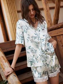 Lullawish Bohemian Style Floral Print Lace Patchwork Lapel Cardigan Pajama Set For Women - Multicolor - View 6