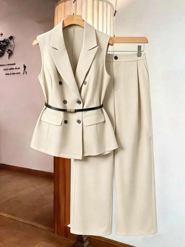 SHEIN Clasi Bộ áo blazer không tay cỡ lớn dành cho nữ, kiểu dáng thường ngày, kèm thắt lưng, gồm 2 món.