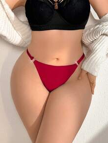 SHEIN 1 buah Celana Dalam Thong Minimalis Warna Polos Wanita Ukuran Plus Merah Musim Panas - Merah - View 3
