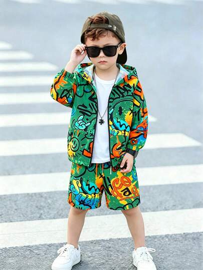 Bộ 2 món gồm áo khoác và quần short in hình graffiti dành cho bé trai, thích hợp cho các hoạt động thường ngày, đi học, thể thao, mùa xuân/hè/thu.