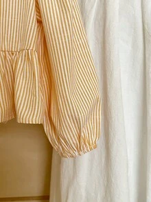 SHEIN LMoss Kids Young Girl Woven Striped Puff Sleeve Loose Casual Shirt - Yellow - View 4