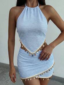 Aloruh Women's Shell Decor Lace-Up Backless Halter Top + Asymmetric Hem Skirt Set,Vacation Outfits Women - Baby Blue - View 3