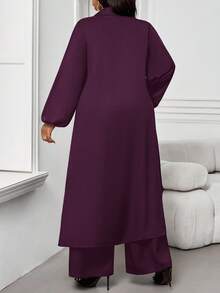 SHEIN Lady 秋冬休闲优雅工作黑色编织紫红色衬衫领主教袖口袋长袖加大码套装 - 中紫紅色 - 查看 3