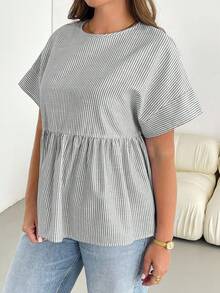 SHEIN Essnce 春夏大尺碼女款時尚寬鬆休閒舒適日常修身藍白條紋短袖娃娃領襯衫工作上衣可愛上衣 - 灰色 - 查看 6