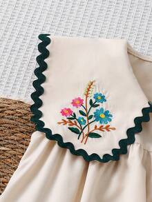 Emery Rose Kids Tween Girl Pastoral Floral Embroidered Floral Pattern Collar Dress - Apricot - View 3