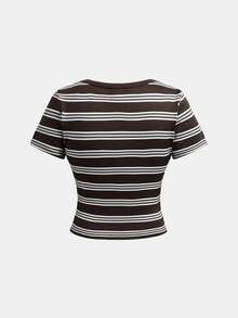 SHEIN Bộ đồ phối 2 món cho bé gái và thiếu nữ, áo thun dệt kim cổ tròn tay ngắn ôm dáng kẻ sọc vintage màu nâu trắng phối cùng quần dài casual, phong cách thể thao đa năng dễ phối đồ cho mùa hè - màu nâu - Xem 5