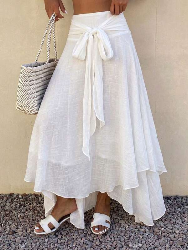 Livesso Spring Summer White Vacation Style Lace-Up Skirt For Women