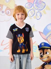 SHEIN | PAW Patrol 男童条纹短袖V领休闲T恤 - 黑色 - 查看 5