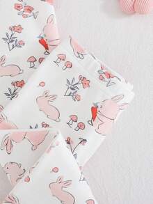 Cozy Pixies Conjunto de pijama ajustado para bebé niña, con estampado de conejo y seta de dibujos animados, de punto suave, cuello redondo, manga corta y leggings de cintura elástica - Multicolor - Ver 5