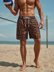 Manfinity Swimmode Celana Pendek Pria Kasual Elegan Motif Geometris dengan Tali Serut di Pinggang untuk Liburan Pantai, Warna Hitam, Cocok untuk Liburan Pasangan di Musim Panas, Tropis, Hawaii, dan Berenang. - Coffee Brown - View 7