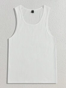 Manfinity RebelGame 2pcs Men's Summer Casual All-Match Solid Color Ribbed Knit Tank Top, Versatile For Daily Commute, Vacation, Father's Day Gifts, Football - White - View 4