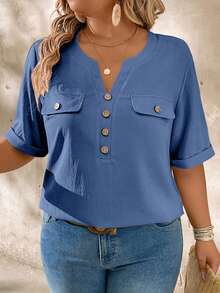 EMERY ROSE Camisa de manga corta con cuello en pico, decoración de botones de madera, talla grande y casual - Neblina azul - Ver 4
