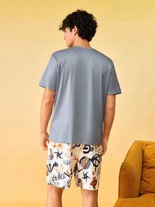 Notgurli Men's Summer Printed Round Neck Short Sleeve Shorts Casual Comfortable Pajama Set Home Orange White - Multicolor - View 2