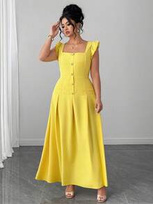 Elenzga Plus Size Women's Yellow Elegant Square Neck Puff Sleeve Pearl Button Ruched A-Line Maxi Dress,Summer Wedding Formal Formal Guest Gown - Yellow - View 3