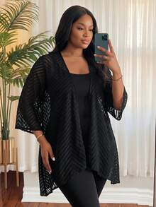 SHEIN Lady CURVE 大码女式纯色条纹休闲宽松镂空夹克 - 黑色 - 查看 3