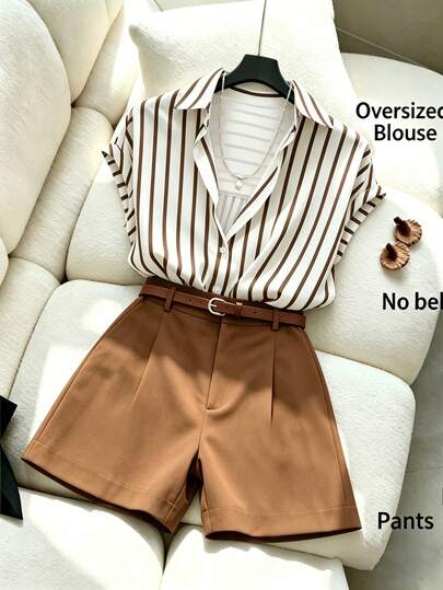 Airaco Striped Short Sleeve Button-Down Shirt And Brown Suit Shorts Set