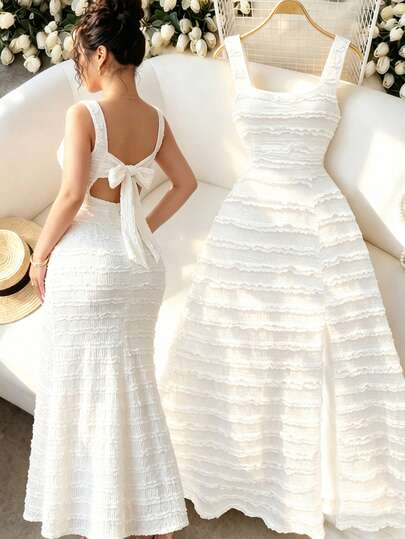 Elenzga Women's Fashionable Summmer New Solid Color Sleeveless Cinched Waist Slit Bow Elegant Elegant Dress Graduation Season Wedding White