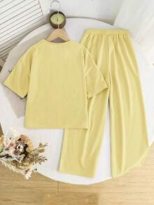 SHEIN 2pcs Tween Girls Casual Loose Comfortable Round Neck Short Sleeve T-Shirt And Pants Set - Yellow - View 3