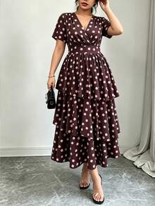 Vionelle Gaun Panjang Elegan Motif Polkadot untuk Wanita Ukuran Plus, Musim Semi/Panas - Coffee Brown - View 4