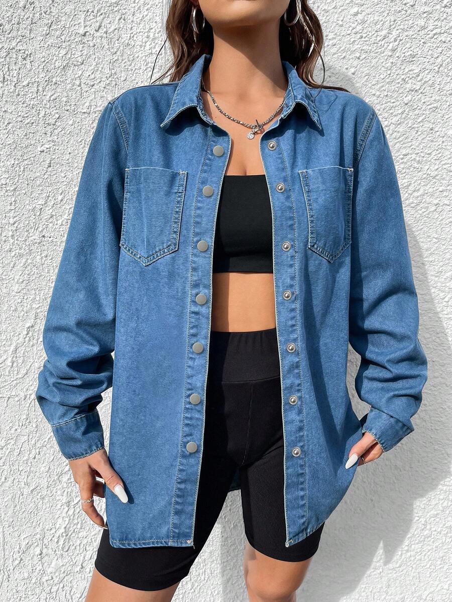 SHEIN ICON 補丁貼口袋弧形下擺牛仔襯衫 - 中等水洗藍 - 查看 1
