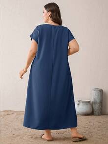 SHEIN Essnce Plus-Size Women's Dark Blue,Summer,Boho,Vacation,Holiday Casual Loose V-Neck Long Dress With Pockets,Everyday Versatile Simple Style Outfits - Navy Blue - View 2