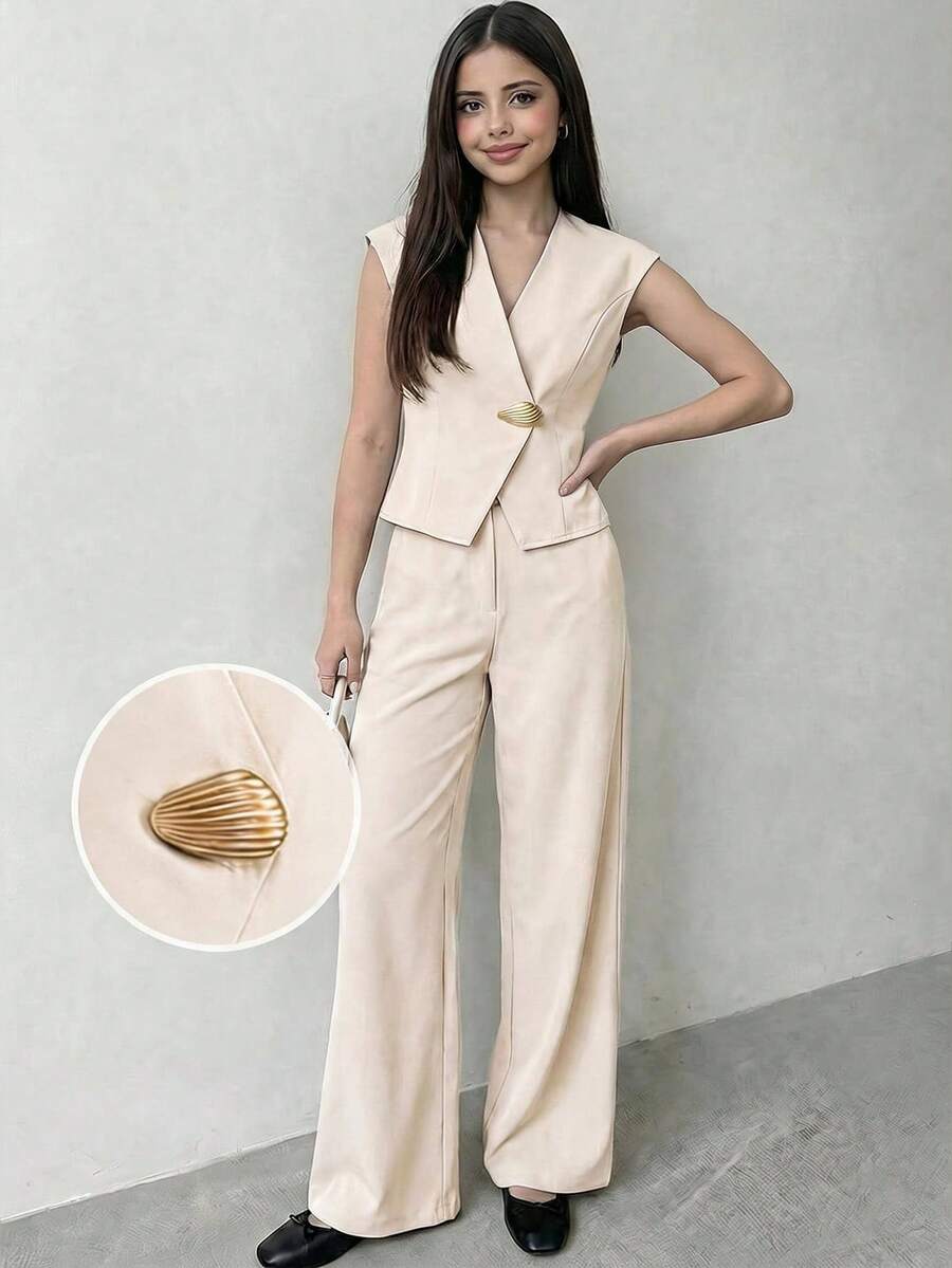 SHEIN 少女夏季优雅休闲通勤日常穿着金属扣短袖露脐上衣和高腰阔腿裤两件套,杏色 - 杏色 - 查看 1