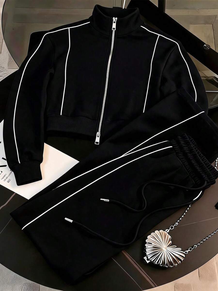 SHEIN Women's Casual Zipper Collar Vacation Hoodie Set - Navy Blue - View 1