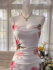Romantic Vacation Floral Print Dress, Mesh Material This Floral Slip Dress Is Pure Elegance! The Soft Rose Print, Draped Neckline, And Ruched Mermaid Silhouette Hug The Body Perfectly, Creating A Stunningly Feminine And Romantic Look. It's Equal Parts Dreamy And Sophisticated, Ideal For Any Special Occasion! Summer Casual Beach Woman Dress Elegant Dress "This Dress Is Absolutely Stunning! The Floral Print And Fabric Look So Soft And Elegant." Evening Dresses - Red and White - View 4