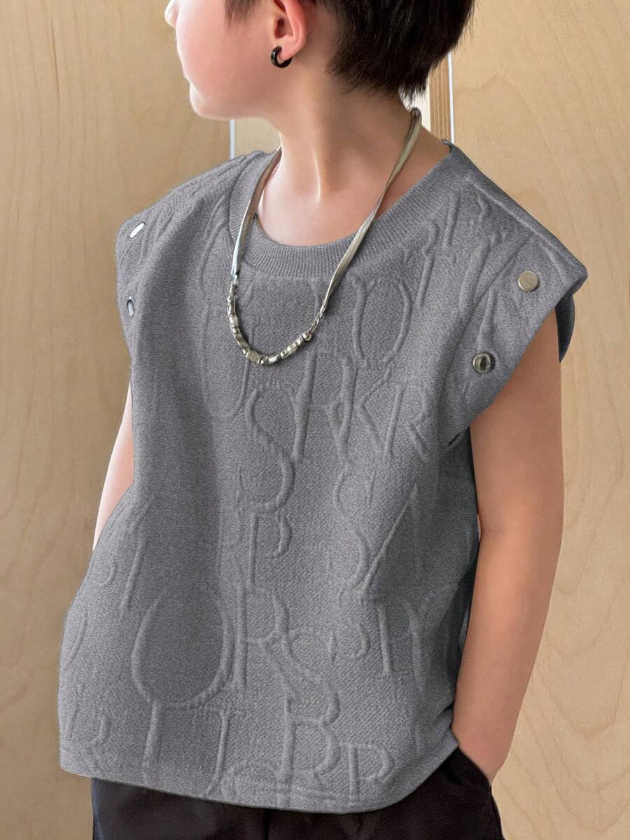 SHEIN Atasan Rajut Kasual Serbaguna untuk Bayi Laki-laki dengan Motif Huruf dan Kancing Dekoratif, Model Longgar, Musim Panas - Light Grey - View 1
