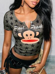 Paul Frank X SHEIN Kaos Wanita Lengan Pendek Leher V, - Hijau Tentara - View 3