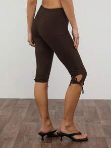 COUREZ Mid Rise Capri Leggings With Tie Hem Detail/Y2K Summer Clothes For Women Spring Outfits Bottoms Capris Black - Coffee Brown - View 3