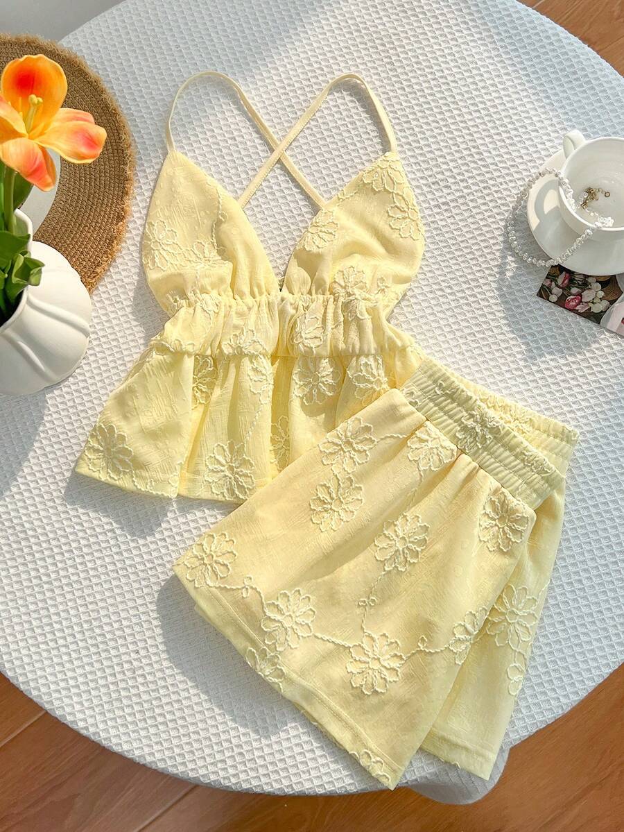 Flirla Y2K休闲度假性感露背甜美纹理面料两件套 - 黃色 - 查看 1