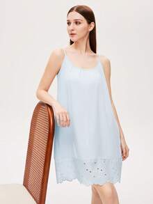 LUVLETTE Đầm ngủ cotton thoáng mát màu xanh dương thêu họa tiết gợi cảm, thích hợp mặc ngoài, đồ lót cô dâu và đồ ngủ mùa xuân hè, đồ ngủ cotton mùa hè cho phụ nữ. - Màu xanh lam - Xem 4