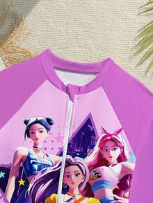 SHEIN Traje de baño de una pieza con estampado de retrato de bloques de color y cremallera frontal para niñas preadolescentes, ideal para vacaciones de verano en la playa - Multicolor - Ver 5