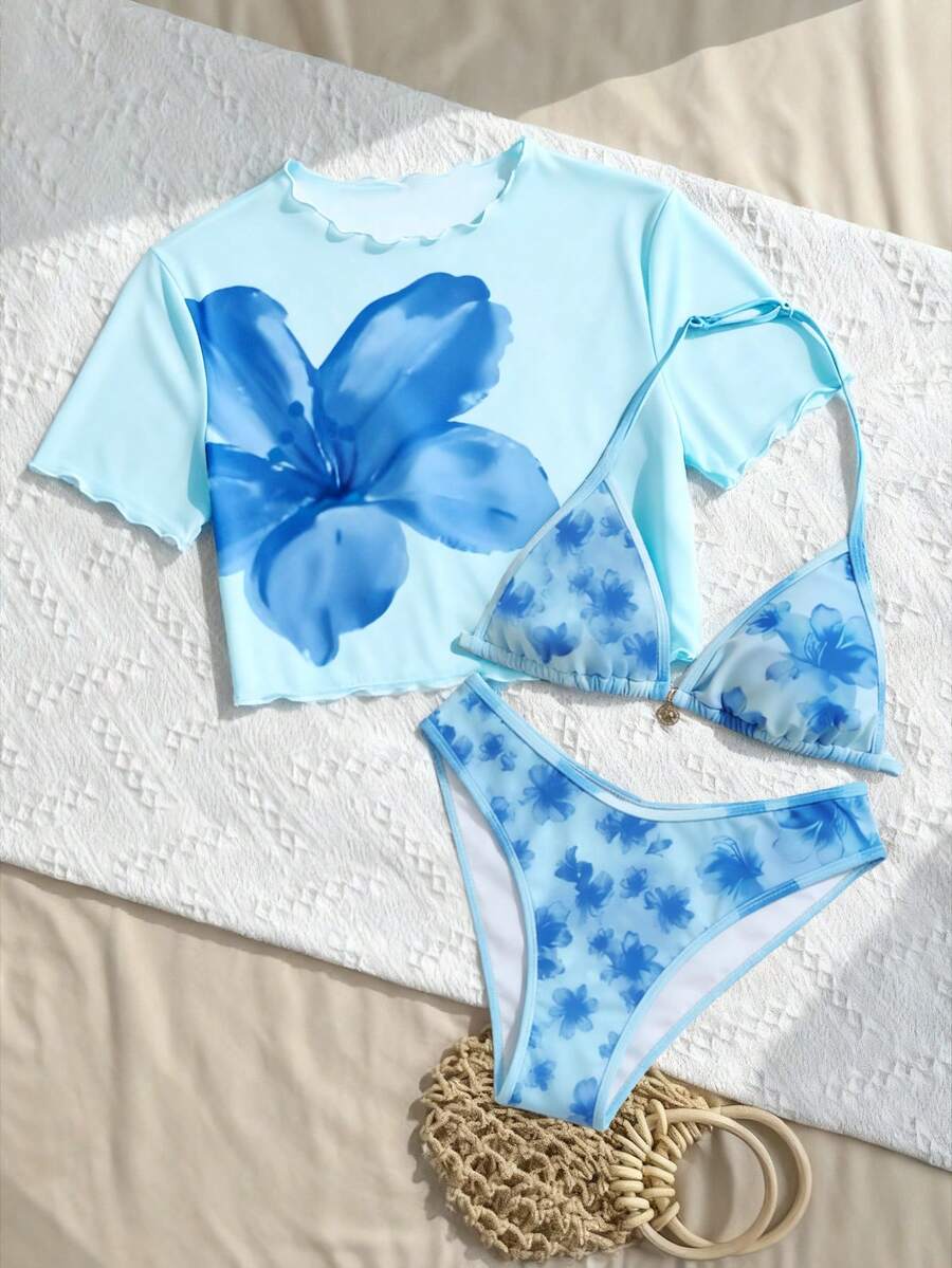SHEIN 少女三件套比基尼套装,橙色碎花T恤和泳衣,适合海滩和度假 - 藍色 - 查看 1