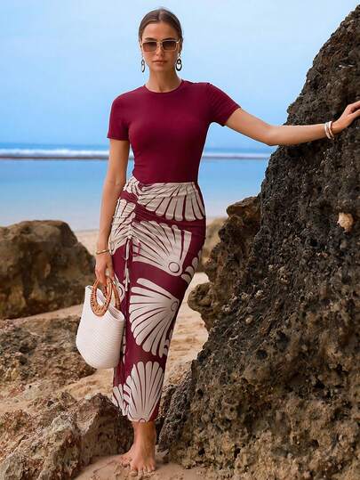 Swim Shayni Spring/Summer Fashion High-End Elegant Bandeau One-Piece Swimwear With Beach Sarong Skirt