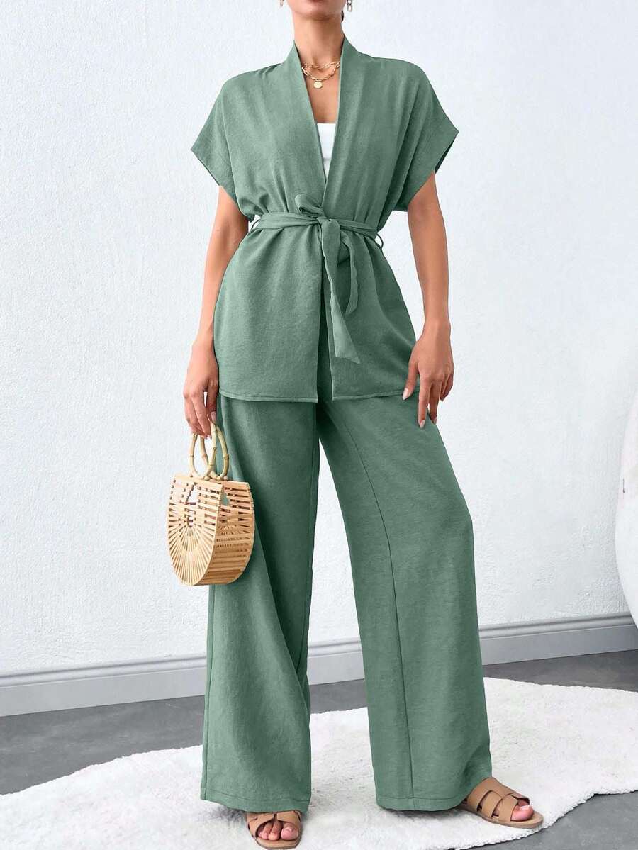SHEIN Tall Solid Color Sleeveless Casual Summer Tall Women Two-Piece Set With Belt - Mint Green - View 1