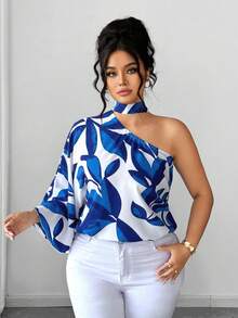 SHEIN Elenzya Áo kiểu thời trang thường ngày, thoải mái, phong cách Pháp cổ điển, thích hợp cho kỳ nghỉ xuân/hè, đi làm, cổ yếm, thắt nơ, in họa tiết hoa. - Màu xanh lam - Xem 3