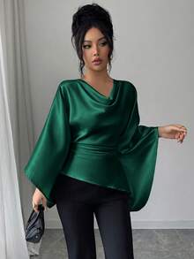 Rafferiza Camisa de mujer de unicolor, con cuello, casual y versátil para uso diario - Verde - Ver 6