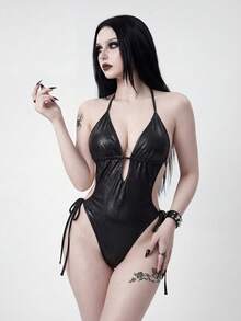 ROMWE Bộ đồ bơi liền thân 26SS họa tiết da rắn Gothic, cổ chữ V khoét rỗng, họa tiết chữ thập, thích hợp cho mùa xuân/hè. - màu đen - Xem 3