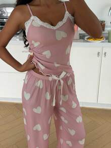 ZzzCrew Heart Print Lace Camisole & Pants Pajama Set - Pink - View 6